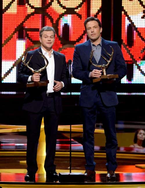 CULVER CITY, CA - JUNE 04:  Honorees Matt Damon (L) and Ben Affleck accept the Guys Of The Decade award onstage during Spike TV's 10th Annual Guys Choice Awards at Sony Pictures Studios on June 4, 2016 in Culver City, California.  (Photo by Kevin Winter/Getty Images)
