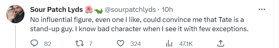 One user wrote that no one can convince them that Tate is a stand-up guy (elonmusk/Twitter)