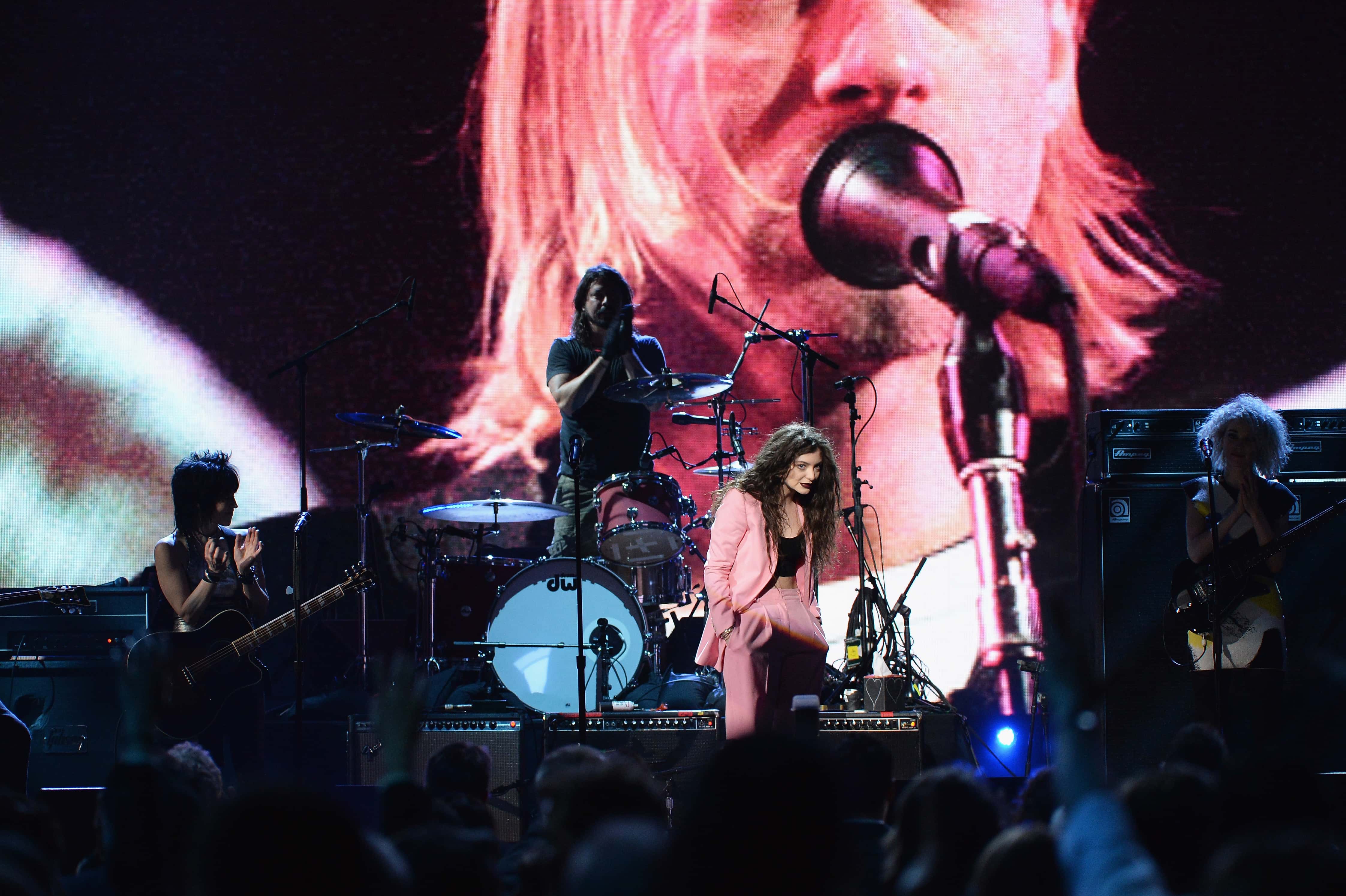 (L-R) Musicians Joan Jett, Dave Grohl of Nirvana, Lorde and St. Vincent perform onstage at the 29th Annual Rock And Roll Hall Of Fame Induction Ceremony at Barclays Center of Brooklyn on April 10, 2014 in New York City.