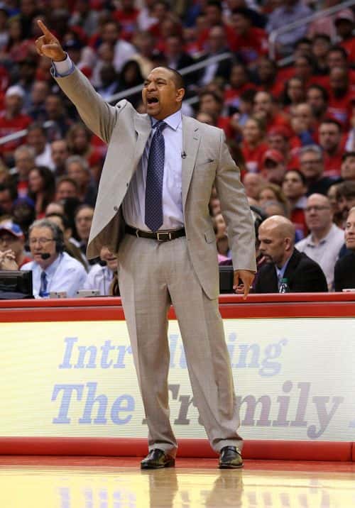 Head coach Mark Jackson of the Golden State Warriors shouts instructions in the game with the Los Angeles Clippers in Game Two of the Western Conference Quarterfinals during the 2014 NBA Playoffs at Staples Center on April 21, 2014 in Los Angeles, California.  NOTE TO USER: User expressly acknowledges and agrees that, by downloading and or using this photograph, User is consenting to the terms and conditions of the Getty Images License Agreement.