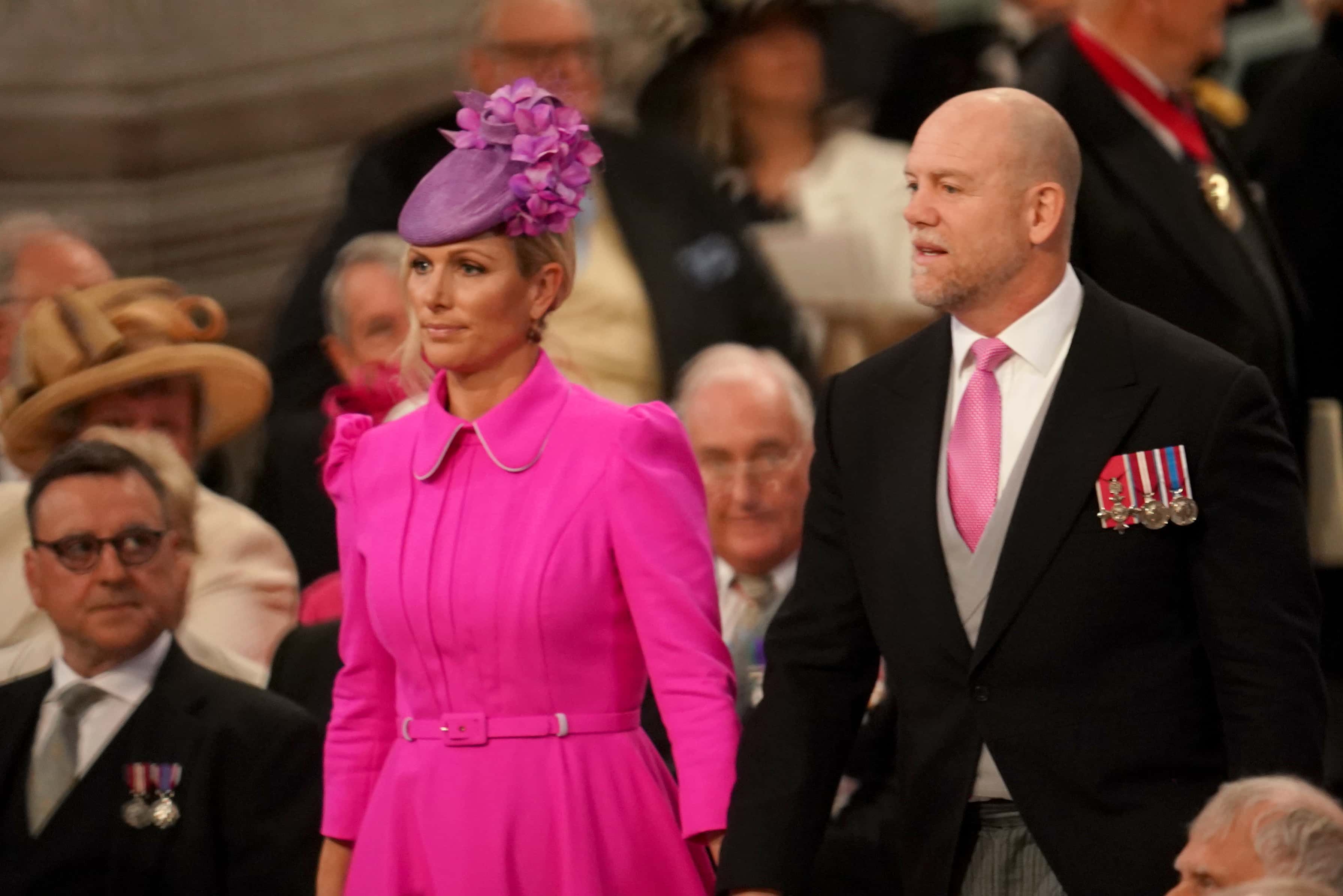 Zara Tindall and Mike Tindall attend the National Service of Thanksgiving to Celebrate the Platinum Jubilee of Her Majesty The Queen at St Paul's Cathedral on June 3, 2022 in London, England. The Platinum Jubilee of Elizabeth II is being celebrated from June 2 to June 5, 2022, in the UK and Commonwealth to mark the 70th anniversary of the accession of Queen Elizabeth II on 6 February 1952.