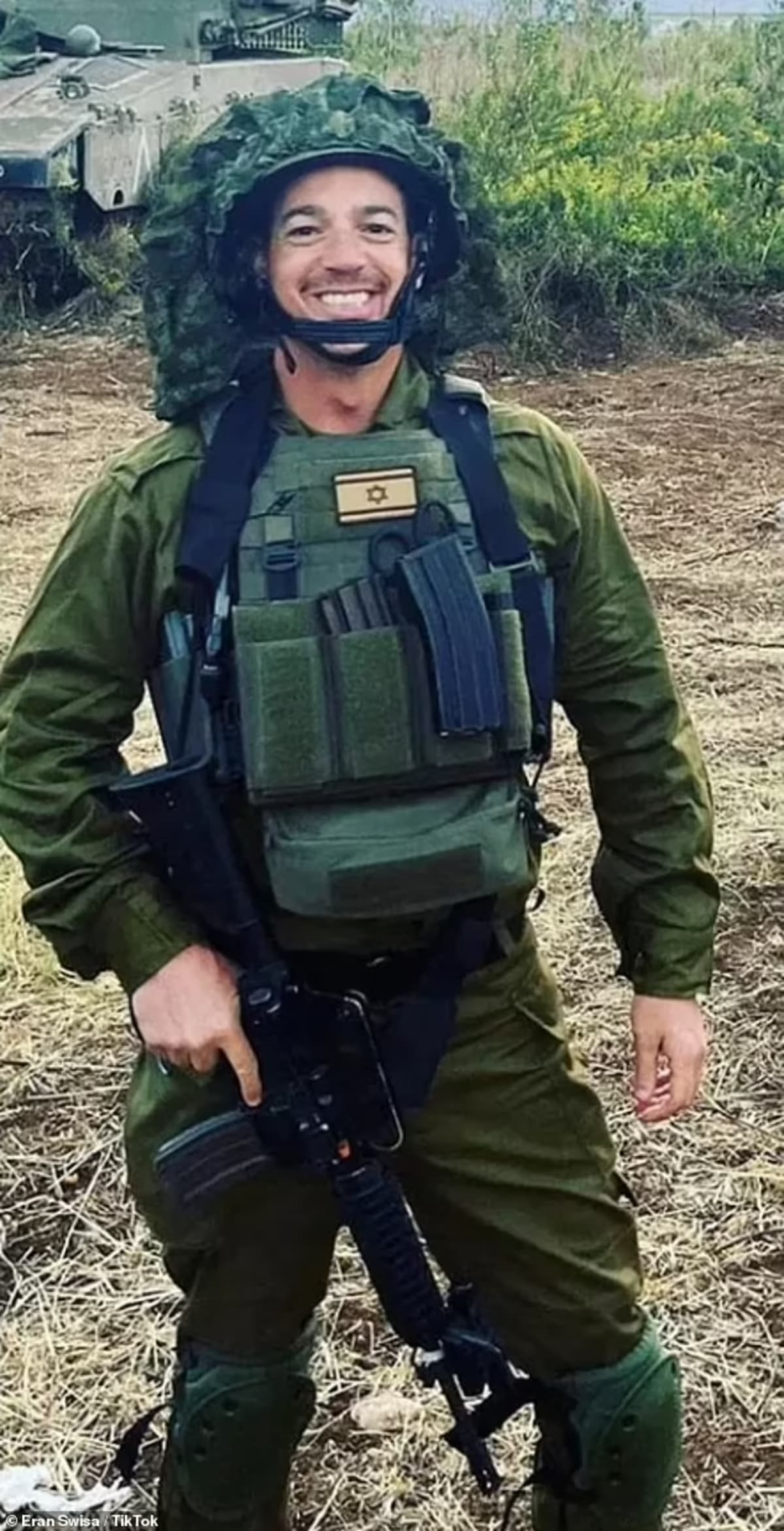 The unnamed guard, who was reportedly a member of the Israel Defense Forces (IDF) before coming to the USA, flew back to the Middle East as he 'couldn't stand by while families were slaughtered and burned alive in their homes' (Eran Swissa/TikTok)