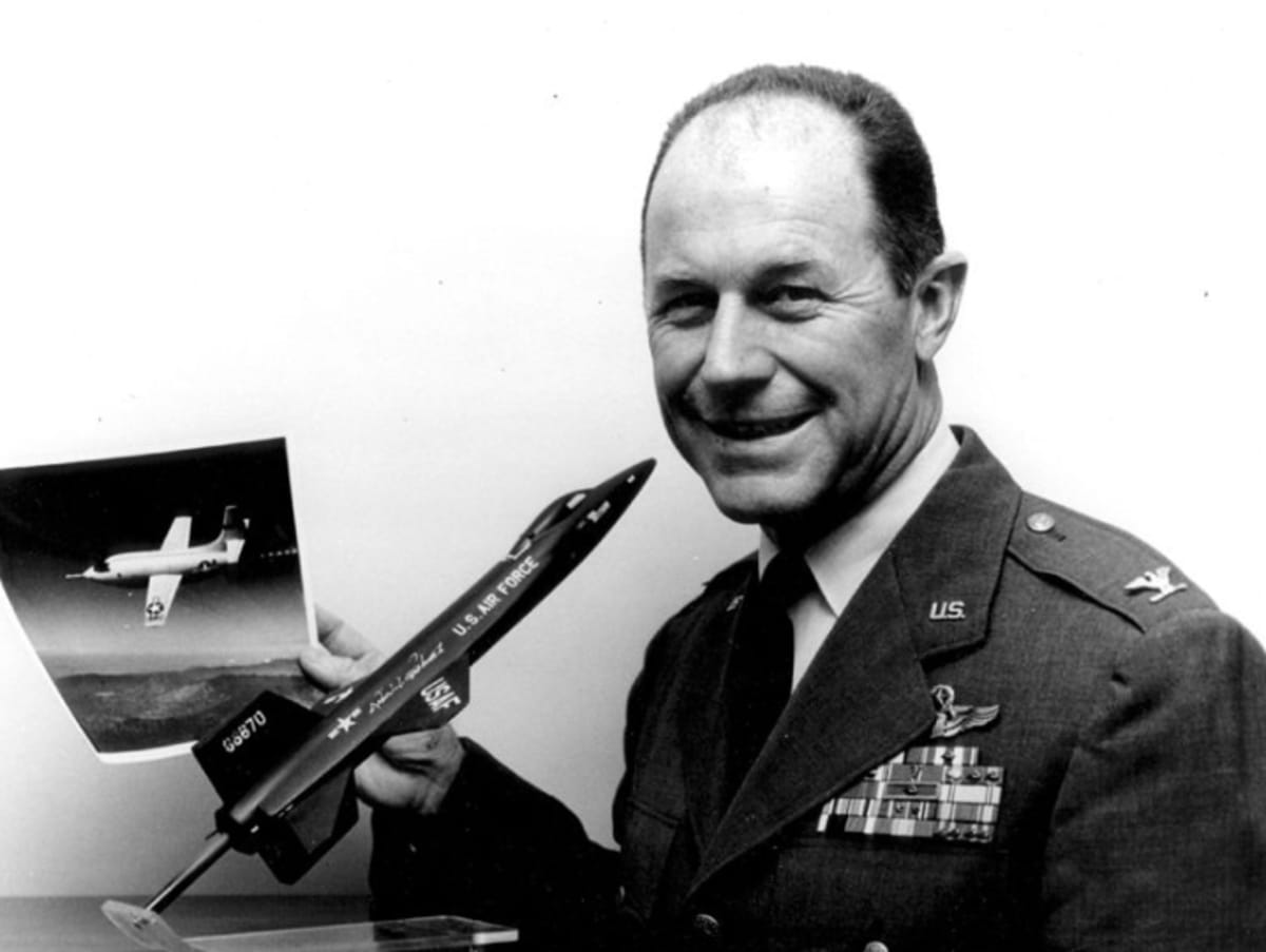 Yeager, as Commandant of the USAF Aerospace Research Pilot School with a model of the North American X-15, 1959 (USAF)