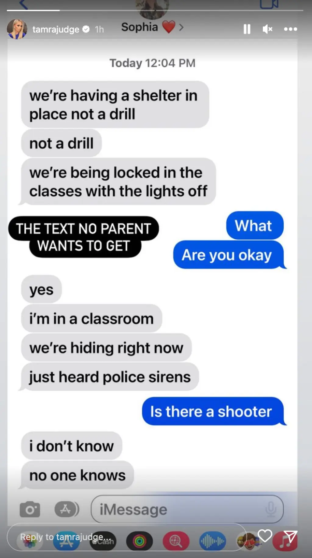 'Not a drill,' Sophia texted Judge. 'We're being locked in the classes with the lights off'

