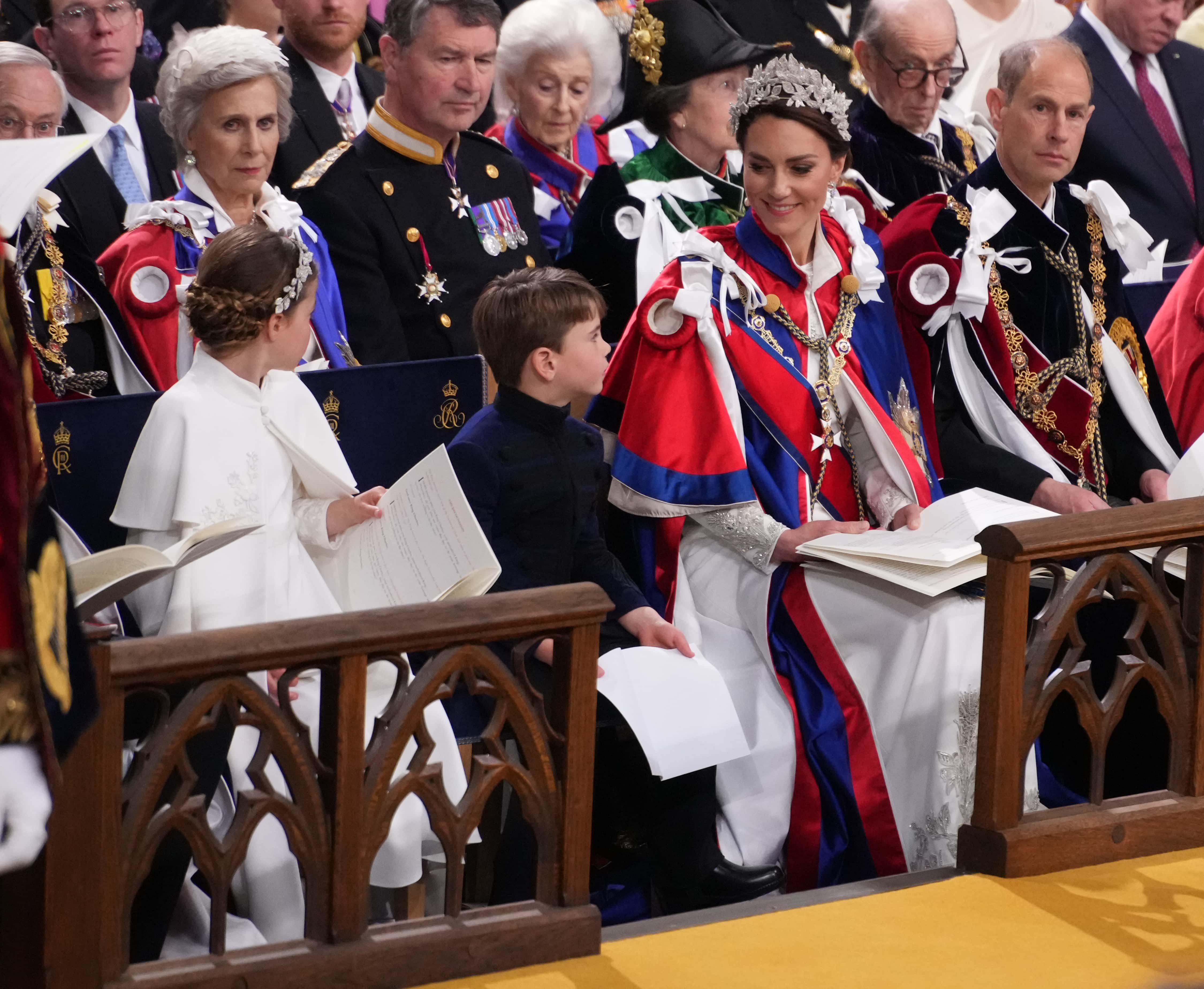  (left to right) Princess Charlotte, Prince Louis and the Princess of Wales, and the Duke of Edinburgh during the Coronation of King Charles III and Queen Camilla on May 6, 2023, in London, England. (Photo by Victoria Jones - WPA Pool/Getty Images)