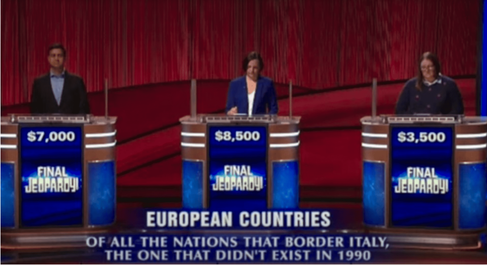 Suresh, Kristine and Collette playing the Final Jeopardy round on 'Jeopardy!' (ABC)