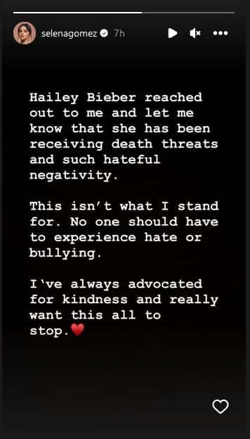 Selena requests her fans to stop with the 'hate and bullying' towards Hailey in recent Instagram story (@selenagomez/Instagram)