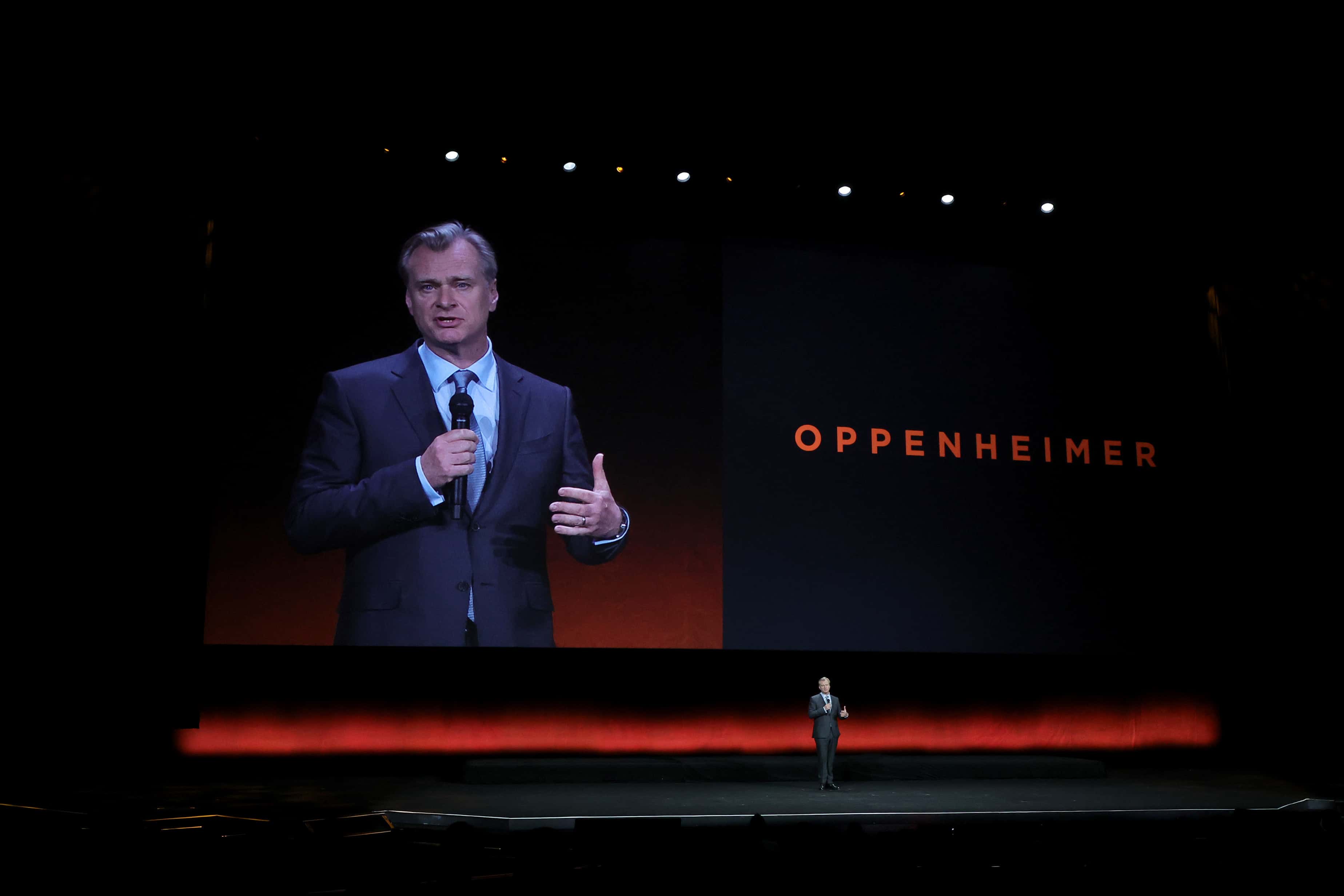 LAS VEGAS, NEVADA - APRIL 26: Christopher Nolan speaks onstage as he promotes the upcoming film 