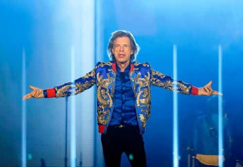 Singer Mick Jagger of The Rolling Stones performs during a stop of the band's No Filter tour at Allegiant Stadium on November 6, 2021 in Las Vegas, Nevada.