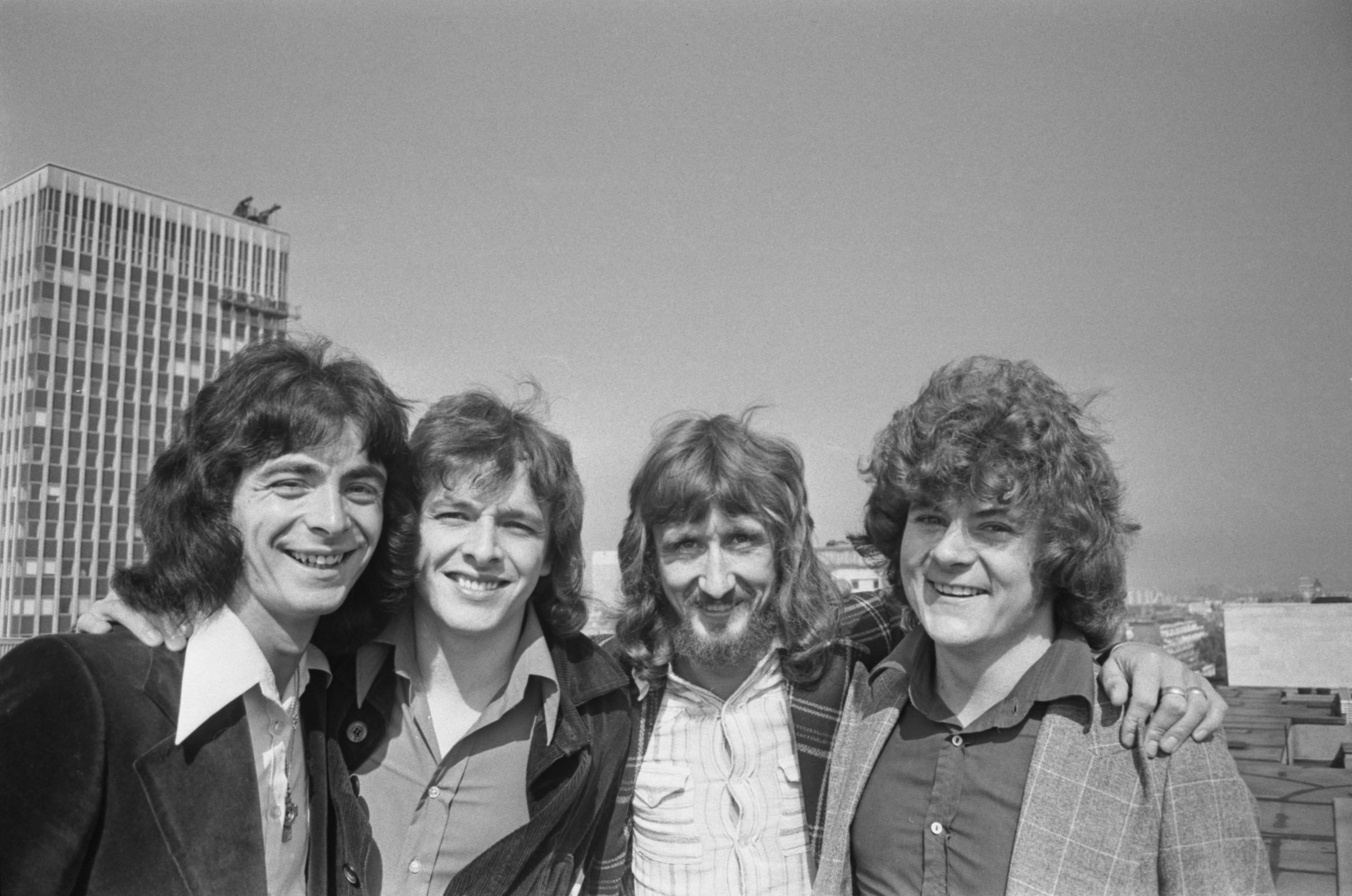 English pop group Paper Lace, UK, 2nd August 1974. From left to right, they are Carlo Santanna, Mick Vaughan, Phil Wright and Cliff Fish. (Photo by Larry Ellis/Express/Hulton Archive/Getty Images)
