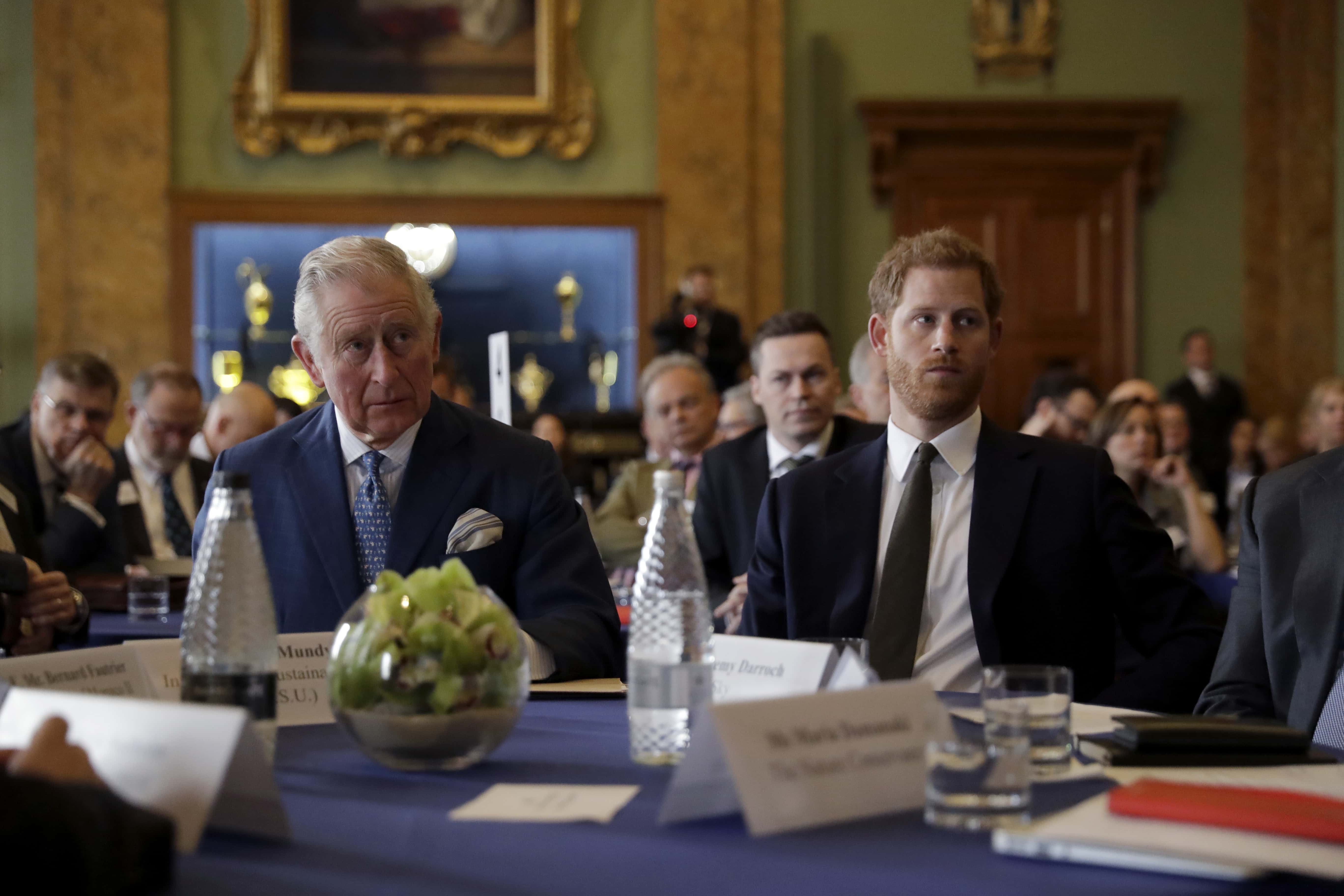 Prince Harry and Prince Charles, Prince of Wales attend the 'International Year of The Reef' 2018 meeting at Fishmongers Hall on February 14, 2018 in London, England.