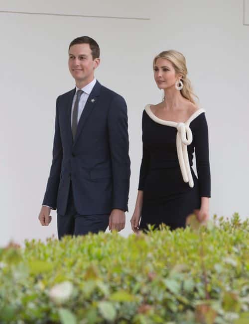 Presidential Advisors Jared Kushner and Ivanka Trump walk the Colonnade at The White House while attending  a state visit by French President Emmanuel Macron on April 24, 2018 in Washington, DC.