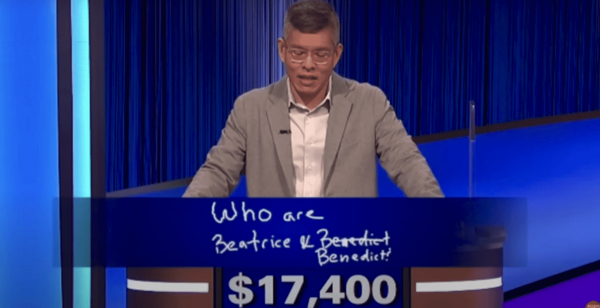 Ben Chan looking distraught after making the spelling blunder in 'Jeopardy!' (ABC) 