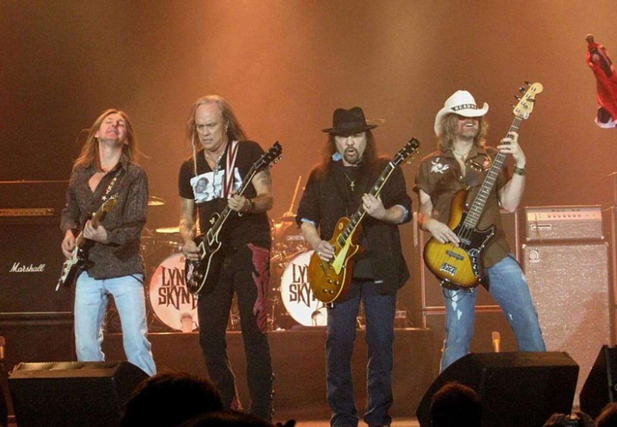 The band performing in Cardiff in 2010, consisting of (L-R) Mark Matejka, Rickey Medlocke, Rickey Medlocke, and Robert Kearns (Photo by Andrew King via Wikipedia)