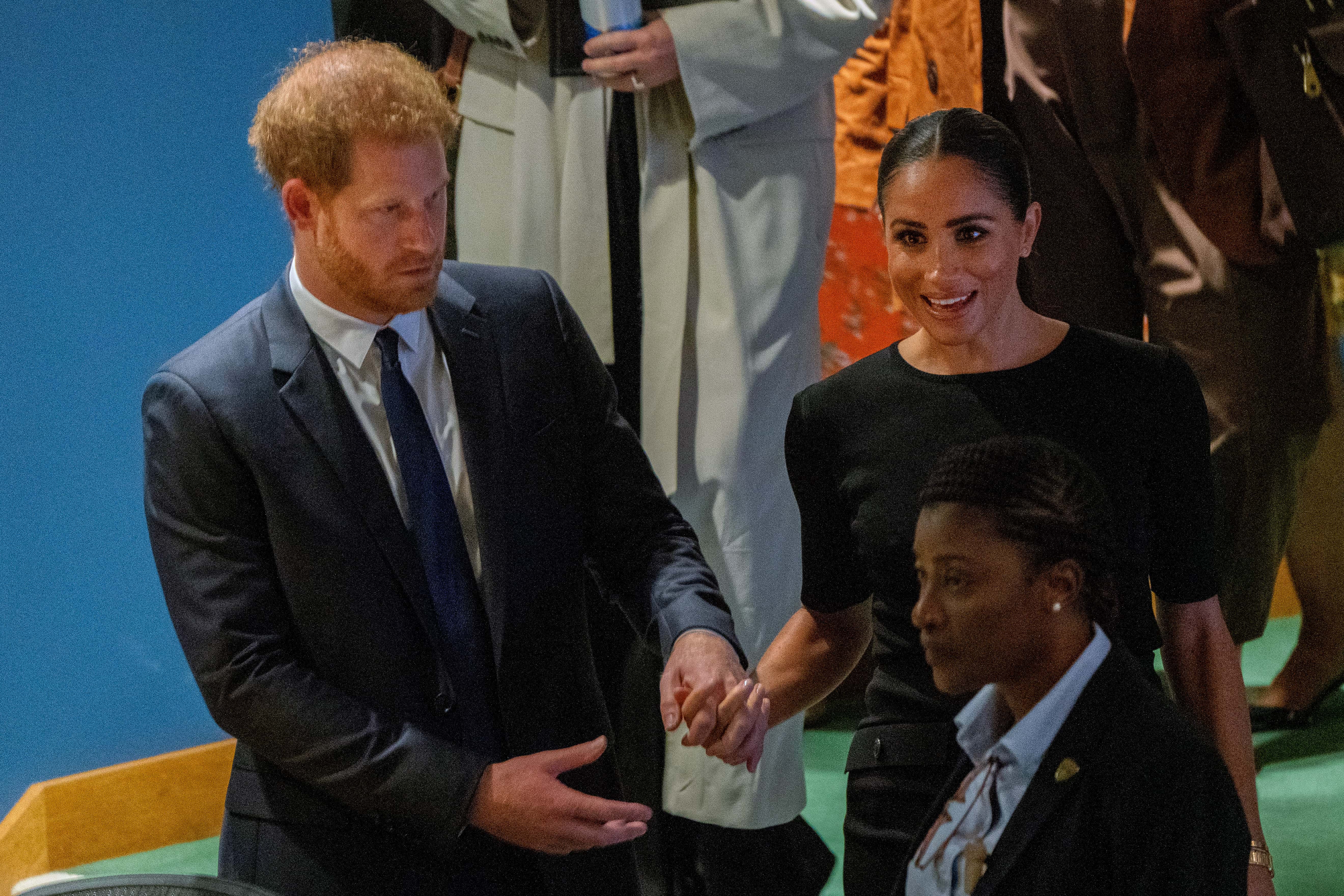 Prince Harry, Duke of Sussex and Meghan, Duchess of Sussex arrive at the United Nations General Assembly on Nelson Mandela International Day at U.N. headquarters on July 18, 2022 in New York City. Nelson Mandela International Day was officially declared by the United Nations in November of 2009 and was first celebrated on July 18, 2010. The 2020 U.N. Nelson Mandela Prize is being awarded to Mrs. Marianna Vardinogiannis of Greece and Dr. Morissanda Kouyaté of Guinea. (Photo by David Dee Delgado/Getty Images)
