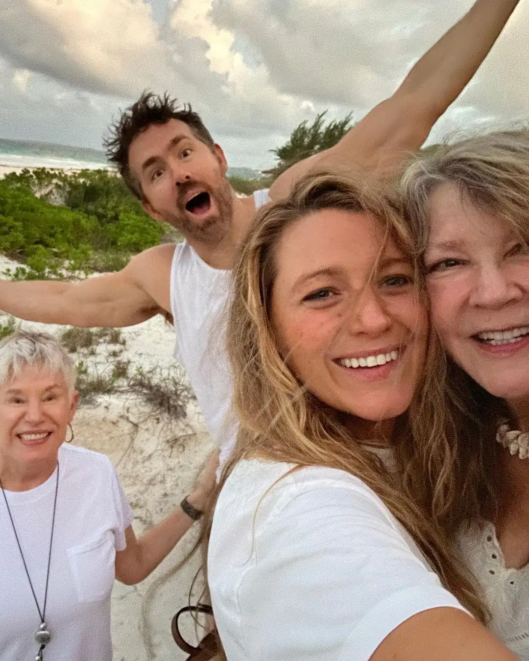 Family vacation: In a fun group shot, the couple smiled widely as they posed with Elaine Lively and Tammy Reynolds (blakelively/Instagram)