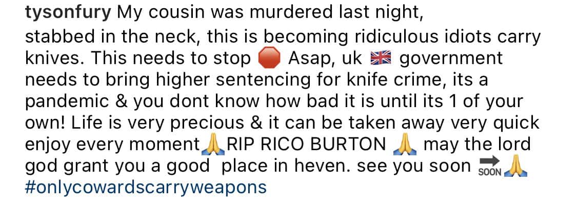 Tyson Fury urges to stop knife crime (Tyson Fury/Twitter)