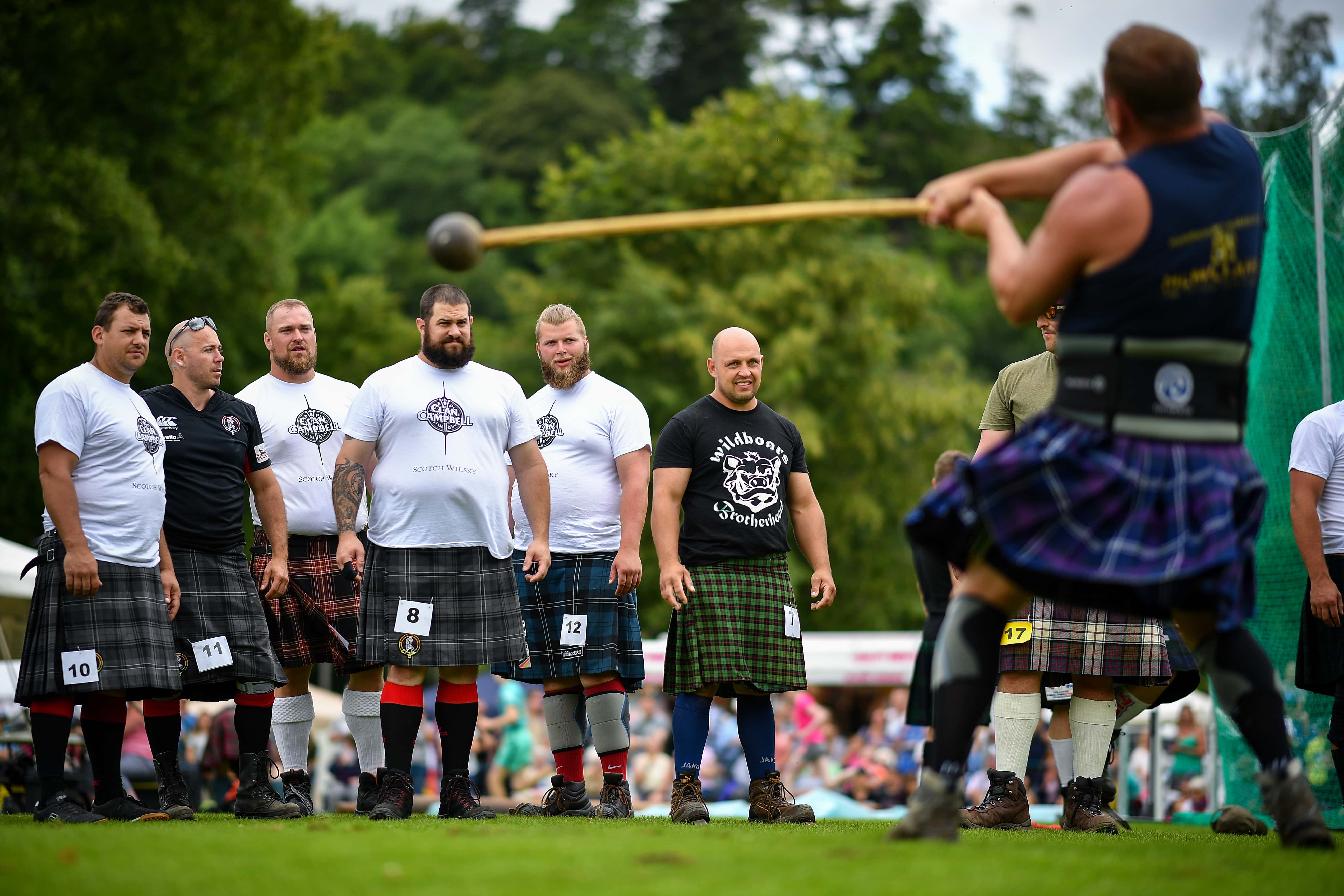 Heavy weight competitors take part at Inveraray Highland Games on July 16 2019 in Inverarary, Scotland. The Games celebrate Scottish culture and heritage with field and track events, piping, highland dancing competitions and heavy events including the world championships for tossing the caber.