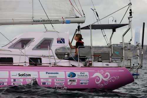 16-year old teen solo sailor Jessica Watson sets sail on her yacht Ella's Pink Lady in Sydney Harbour on October 18, 2009 in Sydney, Australia. Watson is attempting to become the youngest person to sail solo around the world non-stop and unassisted, an estimated 23,000 nautical miles expected to take her around 230 days at sea.