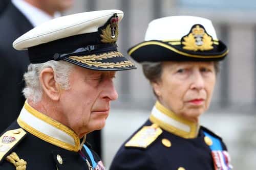 King Charles III and Princess Anne, Princess Royal attend the State Funeral of Queen Elizabeth II at Westminster Abbey on September 19, 2022 in London, England.  Elizabeth Alexandra Mary Windsor was born in Bruton Street, Mayfair, London on 21 April 1926. She married Prince Philip in 1947 and ascended the throne of the United Kingdom and Commonwealth on 6 February 1952 after the death of her Father, King George VI. Queen Elizabeth II died at Balmoral Castle in Scotland on September 8, 2022, and is succeeded by her eldest son, King Charles III.