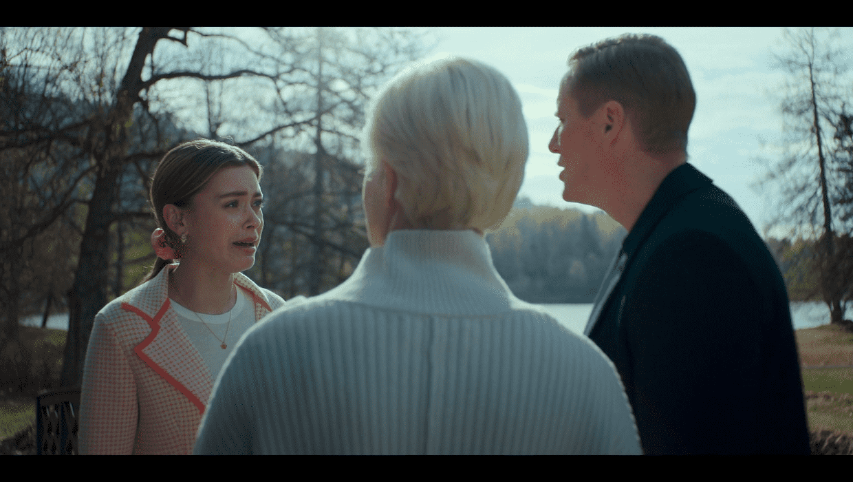 A Still from Netflix's 'Royalteen: Princess Margrethe' starring Elli Rhiannon Müller Osborne as Princess Margrethe, Frode Winther as The King, and Kirsti Stubo as The Queen (Netflix) 