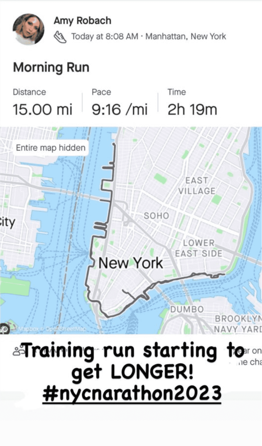 Amy Robach is currently training for the New York City marathon this year, and shared her stats (@ajrobach/Instagram)