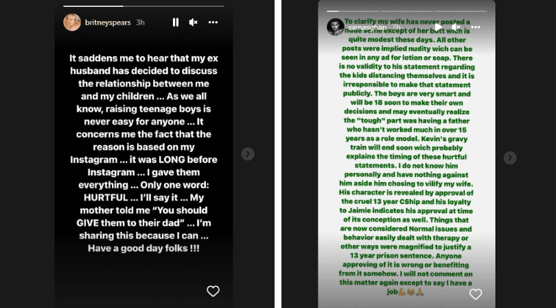 Both Britney and Sam reacted to her ex's statements on their respective instagram stories (screenshot Britney Spears/Sam Asghari instagram)