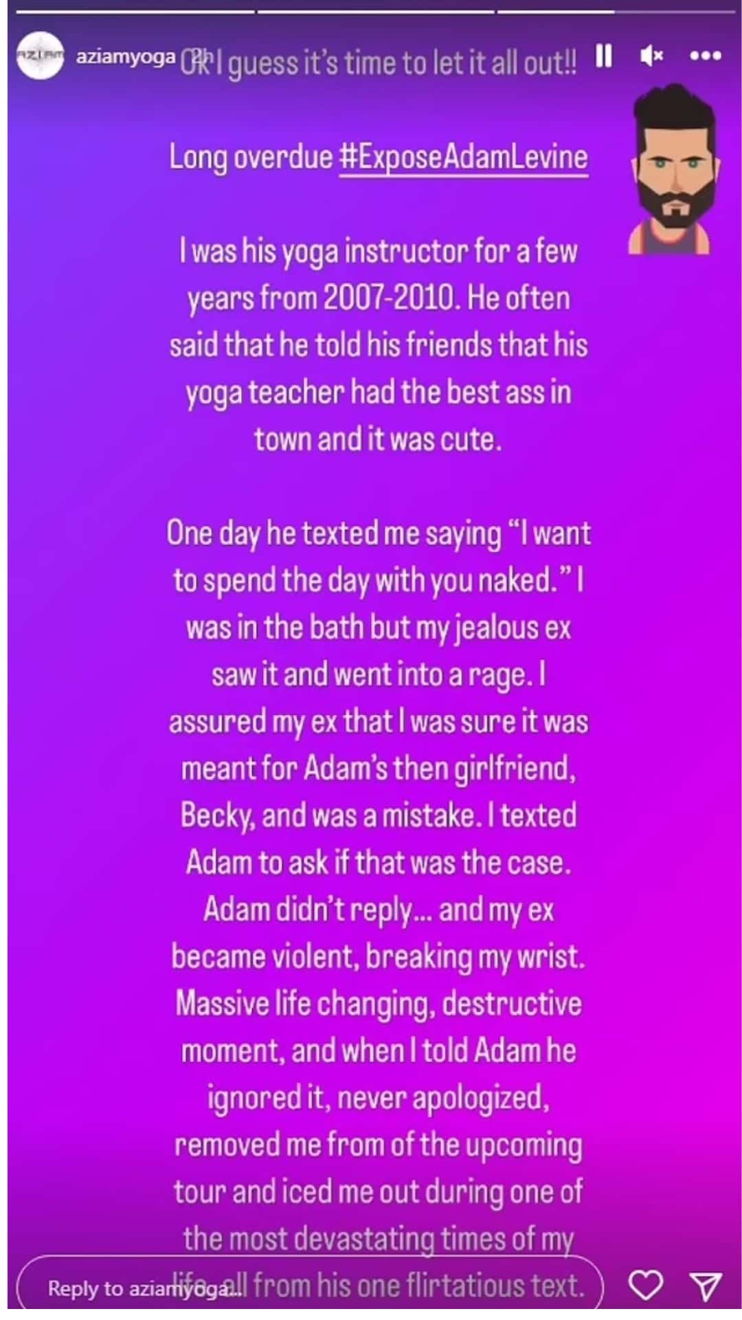 Zabel initially took to Instagram on Tuesday afternoon to expose Levine. (Photo via @aziamyoga/Imstagram)