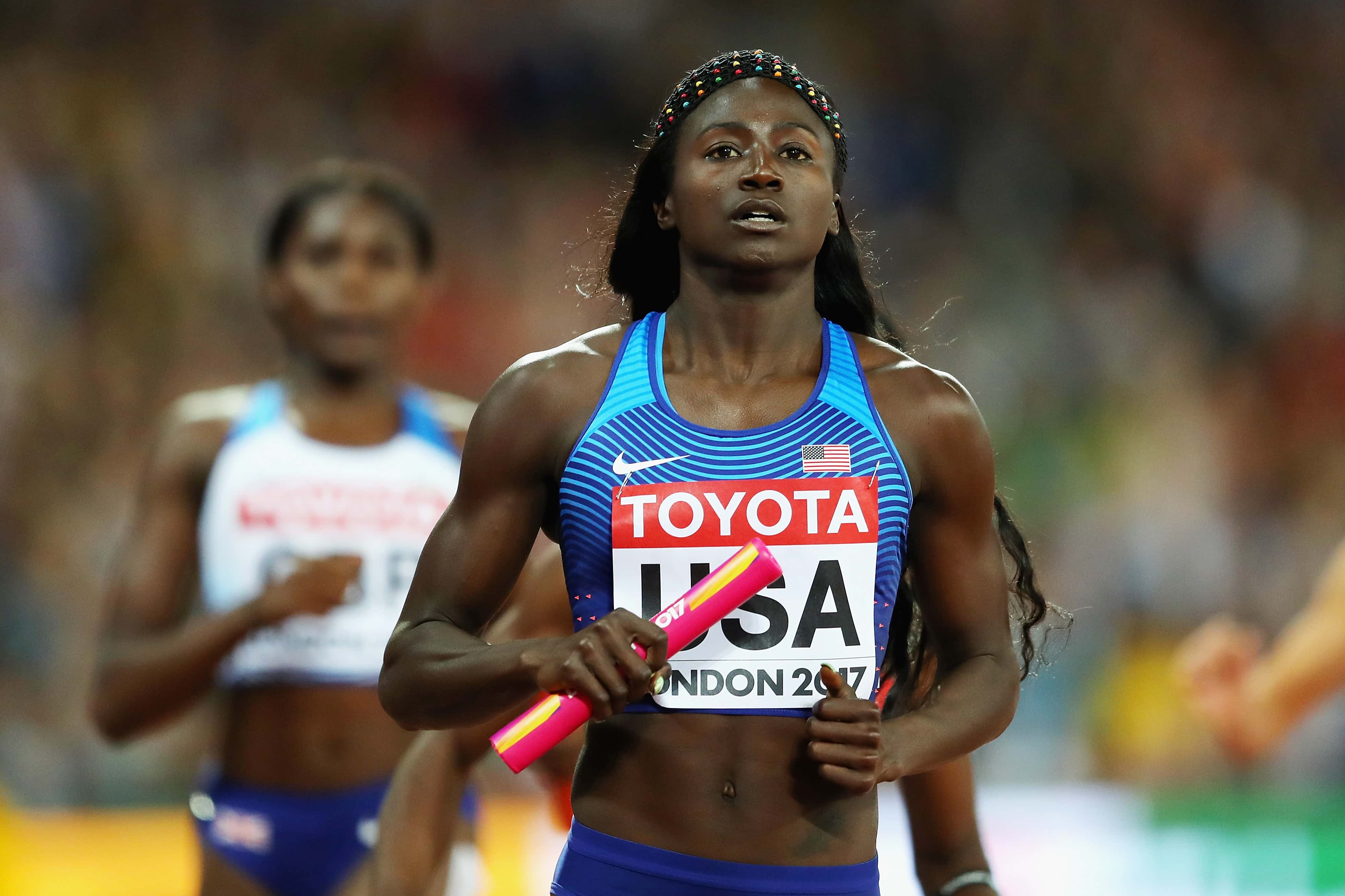  Tori Bowie of the United States reacts as she crosses the finishline to win gold in the Women's 4x100 Metres Final during day nine of the 16th IAAF World Athletics Championships London 2017 at The London Stadium on August 12, 2017, in London, United Kingdom. (Photo by Richard Heathcote/Getty Images)