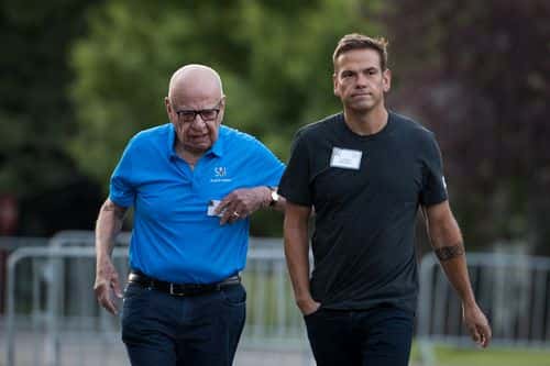 (L to R) Rupert Murdoch, executive chairman of News Corp and chairman of Fox News, and Lachlan Murdoch, co-chairman of 21st Century Fox, walk together as they arrive on the third day of the annual Allen & Company Sun Valley Conference, July 13, 2017 in Sun Valley, Idaho. Every July, some of the world's most wealthy and powerful businesspeople from the media, finance, technology and political spheres converge at the Sun Valley Resort for the exclusive weeklong conference.