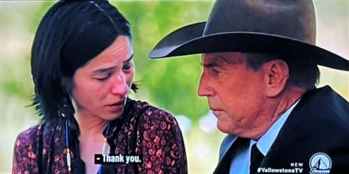 Kelsey Asbille as Monica and Kevin Costner as John Dutton in 'Yellowstone' Season 5 (Paramount)