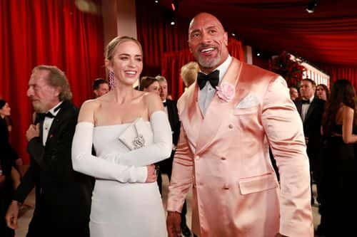 (L-R) Emily Blunt and Dwayne Johnson attend the 95th Annual Academy Awards on March 12, 2023 in Hollywood, California.