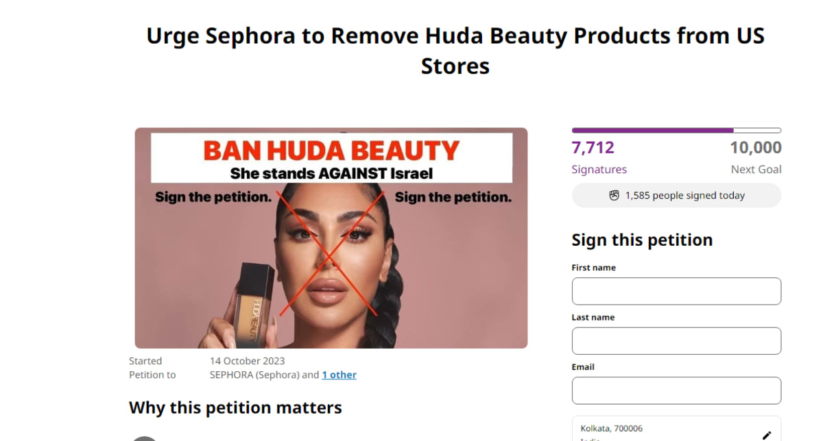 The petition calling for Huda Beauty ban received over 7000 signatures (Change.org)