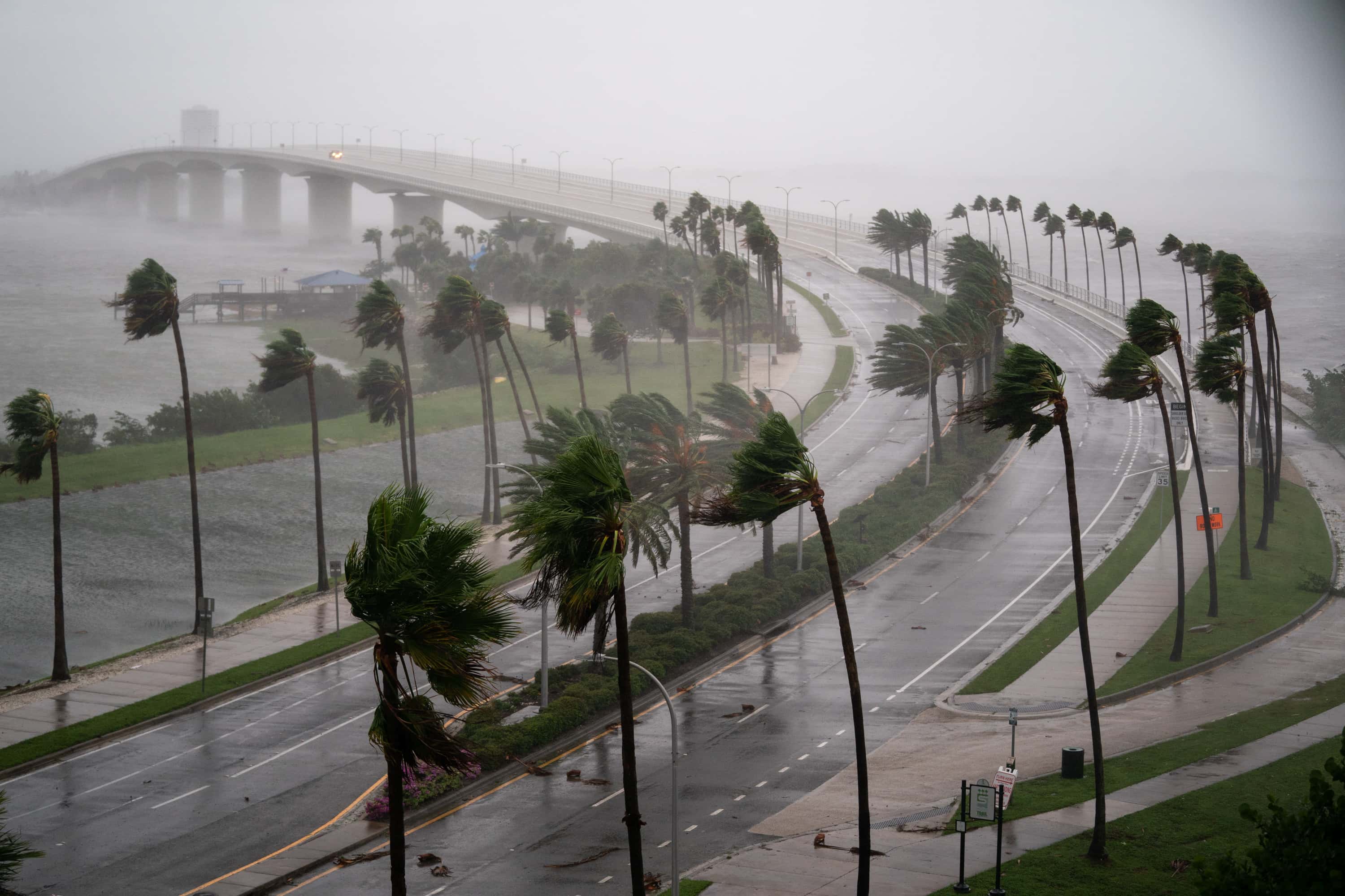 Wind gusts blow across Sarasota Bay as Hurricane Ian churns to the south on September 28, 2022 in Sarasota, Florida. The storm made a U.S. landfall at Cayo Costa, Florida this afternoon as a Category 4 hurricane with wind speeds over 140 miles per hour in some areas.