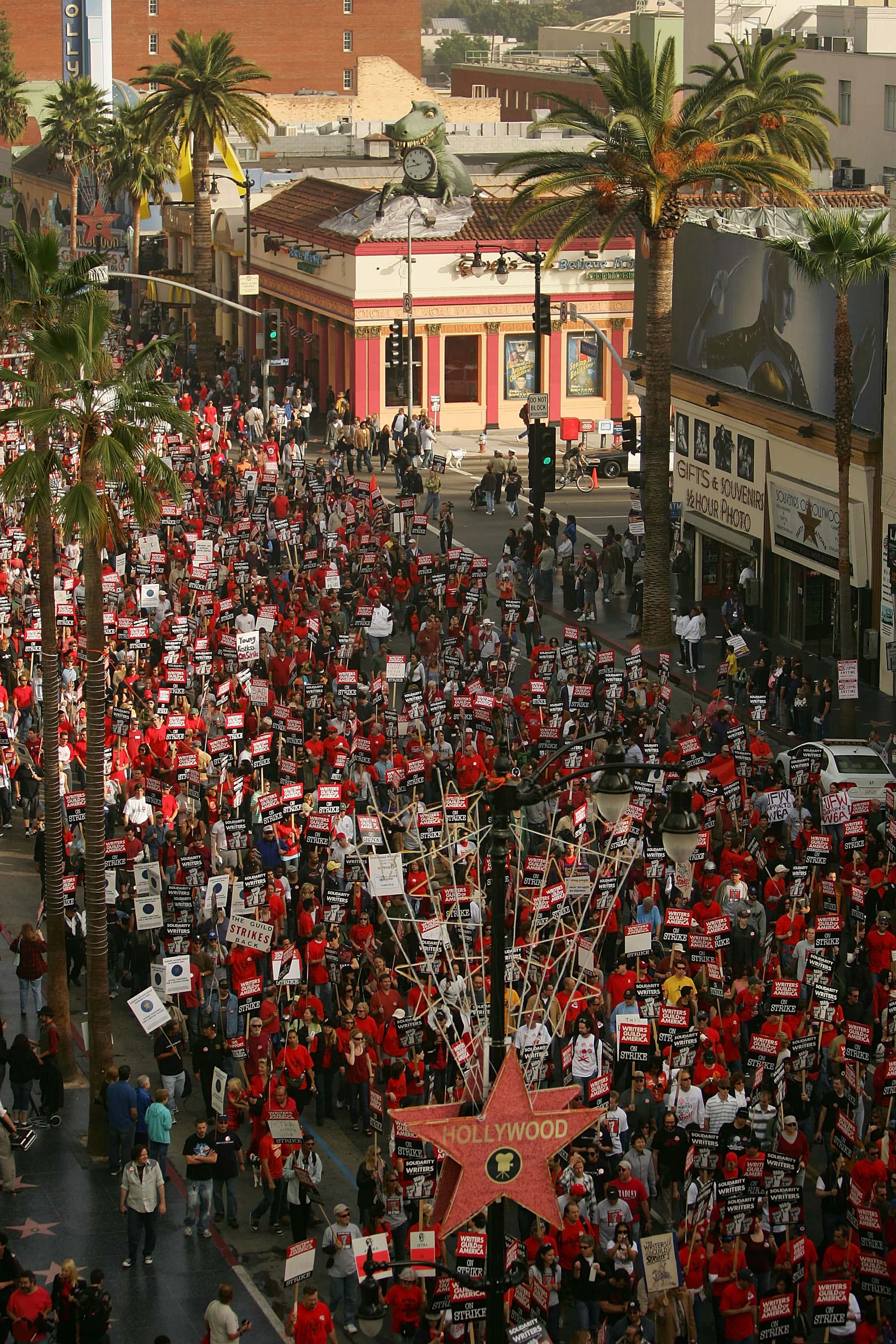 LOS ANGELES, CA - NOVEMBER 20: Members of various unions including the Teamsters, Service Employees International Union (SEIU), and California Nurses Association, march in solidarity with striking Hollywood writers on Hollywood Boulevard and the Hollywood Walk of Fame as the labor dispute between the Writers Guild of America (WGA) and producers continues on November 20, 2007 in the Hollywood section of Los Angeles, California. The dispute over future revenue from shows distributed over the Internet and other new media started on November 5, four days after the contract expired and negotiations between the WGA an the Alliance of Motion Picture and Television Producers (AMPTP) stalled. Both sides have announced that talks will resume on November 26 for the first time since the strike began. (Photo by David McNew/Getty Images)