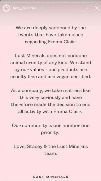 Lust Minerals also shared a lengthy Instagram post confirming that ended their campaign with Claiir. (Lust Minerals/Instagram)