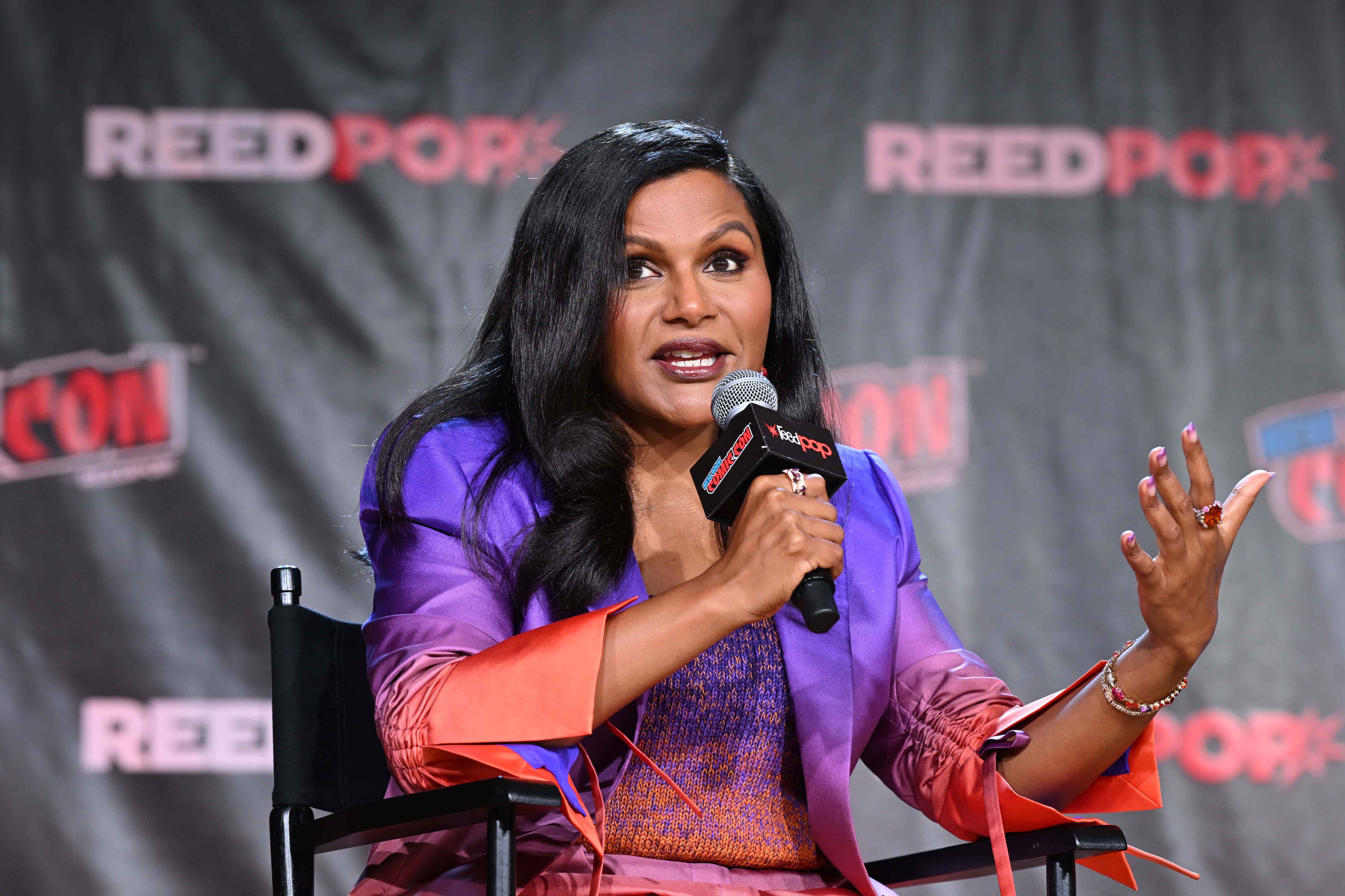 Mindy Kaling speaks onstage at HBO Max's VELMA panel during New York Comic Con 2022 on October 06, 2022 in New York City.