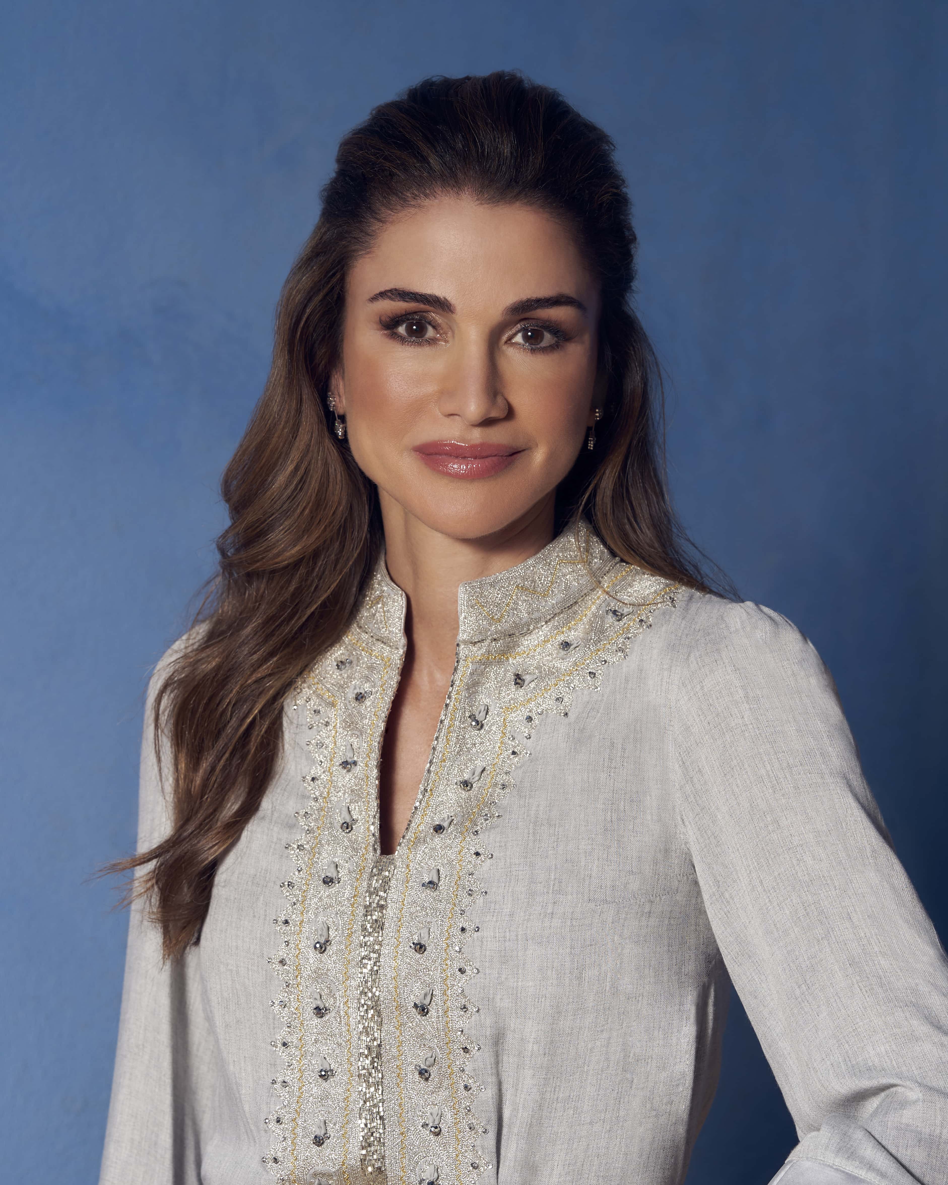 In this handout image released on August 31, 2021 by the Royal Hashemite Court, Queen Rania Al Abdullah of Jordan poses for a portrait, made available to mark her birthday, on August 31, 2021 in Amman, Jordan.