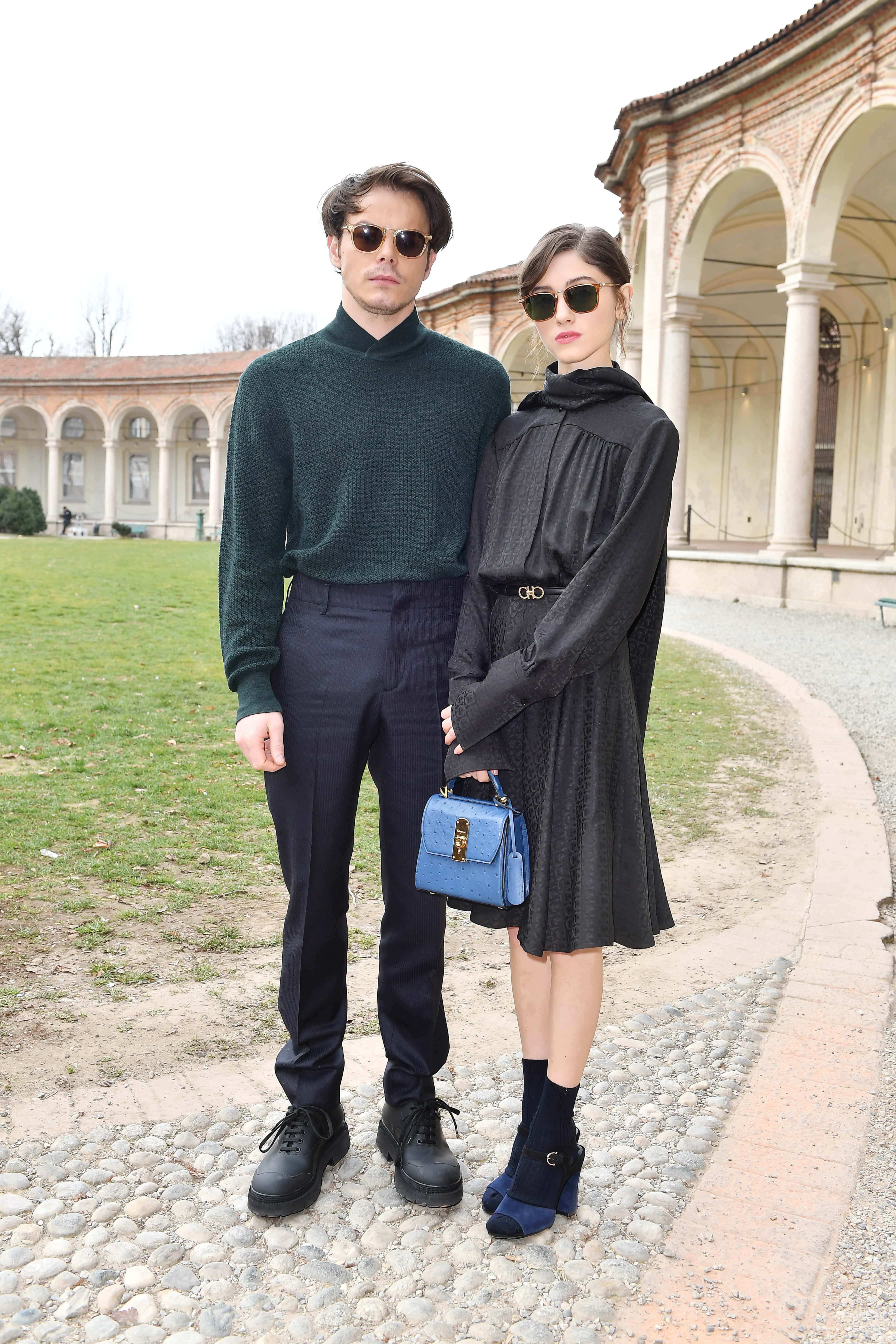 Natalia Dyer and Charlie Heatattend the Salvatore Ferragamo show during Milan Fashion Week Autumn/Winter 2019/20 on February 23, 2019 in Milan, Italy.