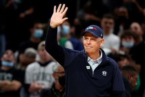 Former Celtics player Danny Ainge waves before the Celtics home opener against the Toronto Raptors at TD Garden on October 22, 2021 in Boston, Massachusetts. NOTE TO USER: User expressly acknowledges and agrees that, by downloading and or using this photograph, User is consenting to the terms and conditions of the Getty Images License Agreement.