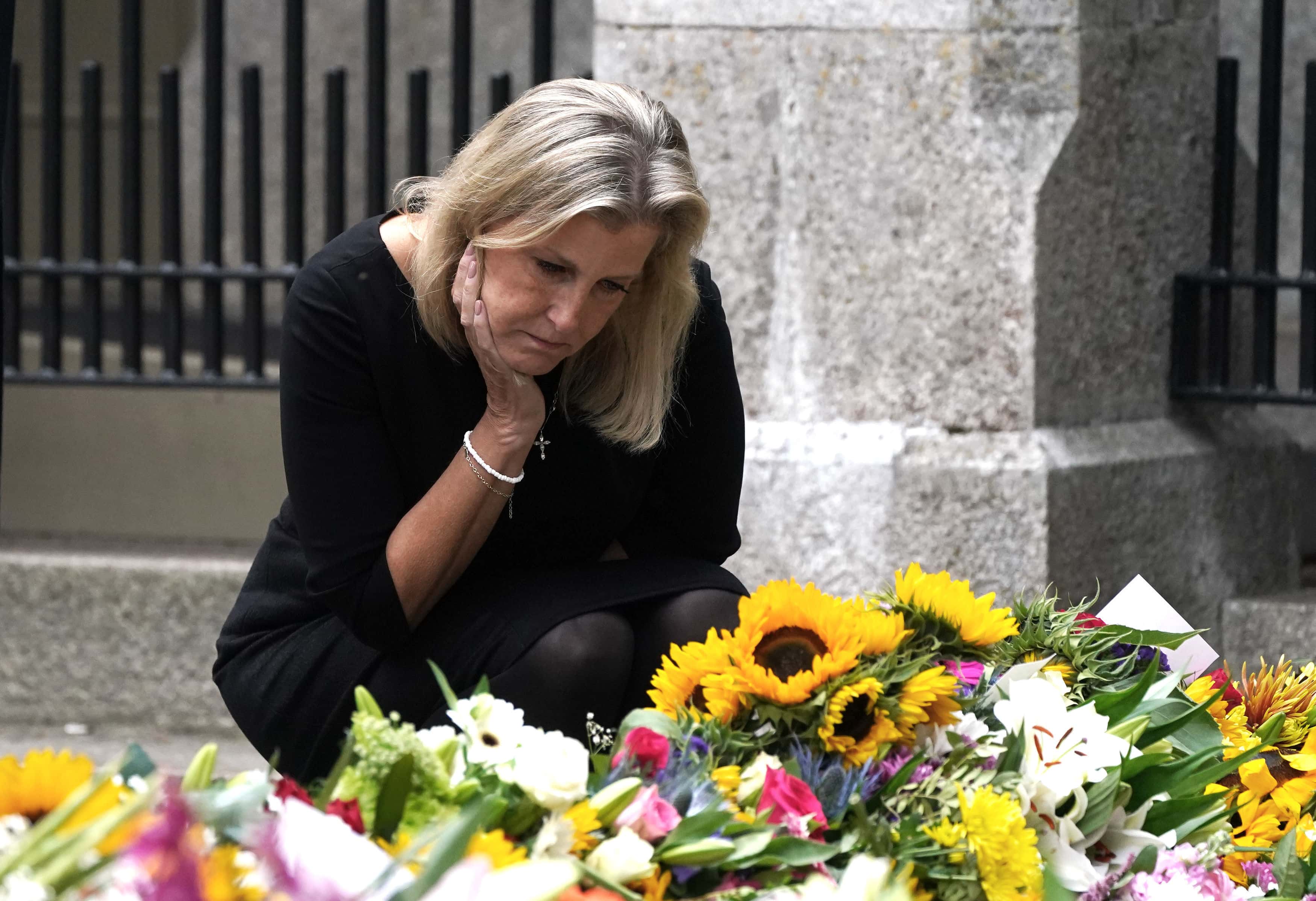 Sophie, Countess of Wessex looks messages and floral tributes left by members of the public after attending a service at Crathie Kirk church near Balmoral following the death of Queen Elizabeth II on September 10, 2022 in Crathie near Aberdeen, United Kingdom. Elizabeth Alexandra Mary Windsor was born in Bruton Street, Mayfair, London on 21 April 1926. She married Prince Philip in 1947 and acceded to the throne of the United Kingdom and Commonwealth on 6 February 1952 after the death of her Father, King George VI. Queen Elizabeth II died at Balmoral Castle in Scotland on September 8, 2022, and is succeeded by her eldest son, King Charles III.