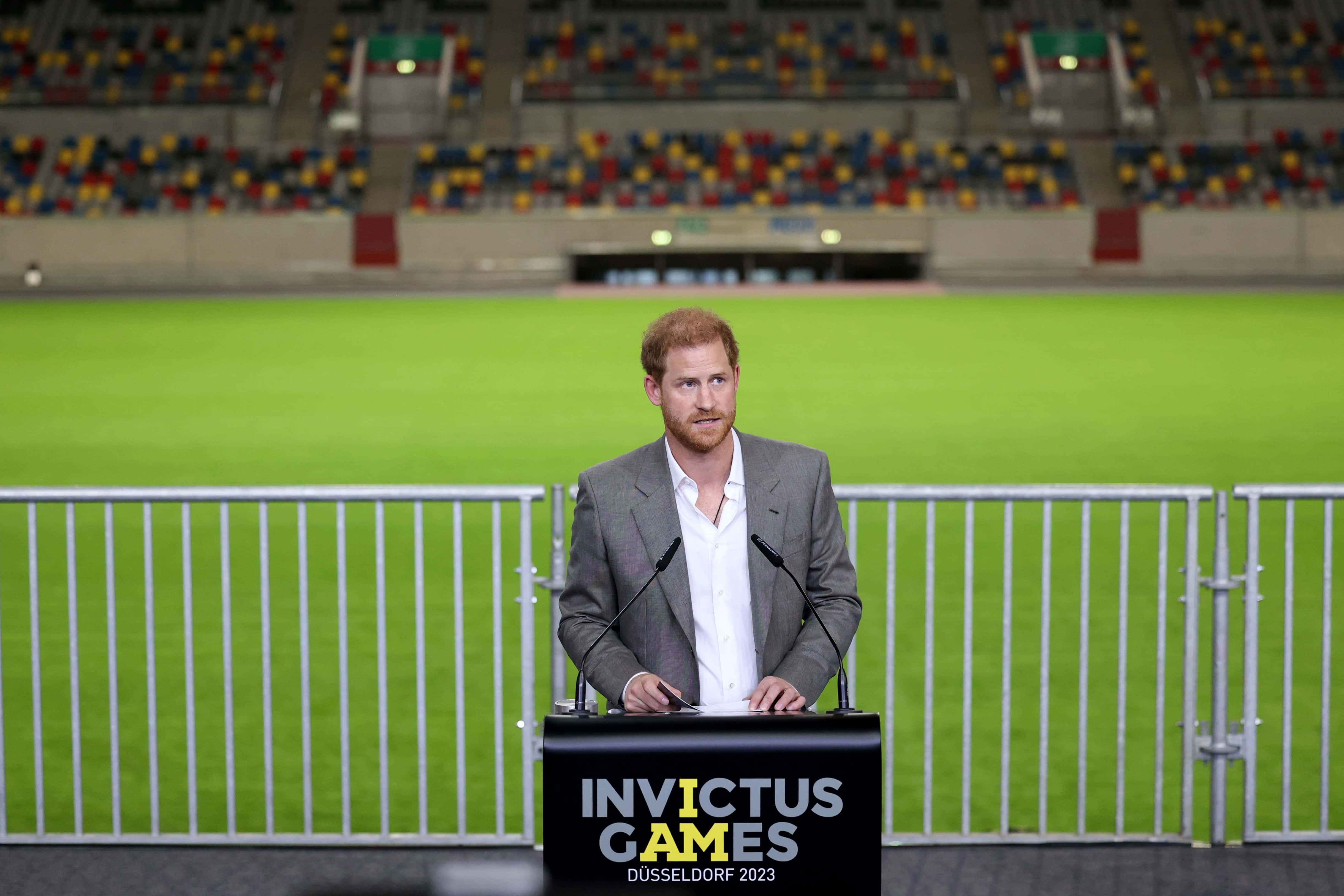 Prince Harry, Duke of Sussex speaks at a press conference during the Invictus Games Dusseldorf 2023 - One Year To Go events on September 06, 2022 in Dusseldorf, Germany. The Invictus Games will be held in Germany for the first time in September 2023. (Photo by Mathis Wienand/Getty Images)