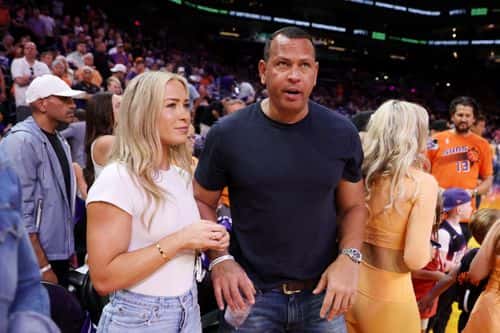 Alex Rodriguez and Kathryne Padgett attend Game Seven of the 2022 NBA Playoffs Western Conference Semifinals between the Dallas Mavericks and the Phoenix Suns at Footprint Center on May 15, 2022 in Phoenix, Arizona. NOTE TO USER: User expressly acknowledges and agrees that, by downloading and/or using this photograph, User is consenting to the terms and conditions of the Getty Images License Agreement.
