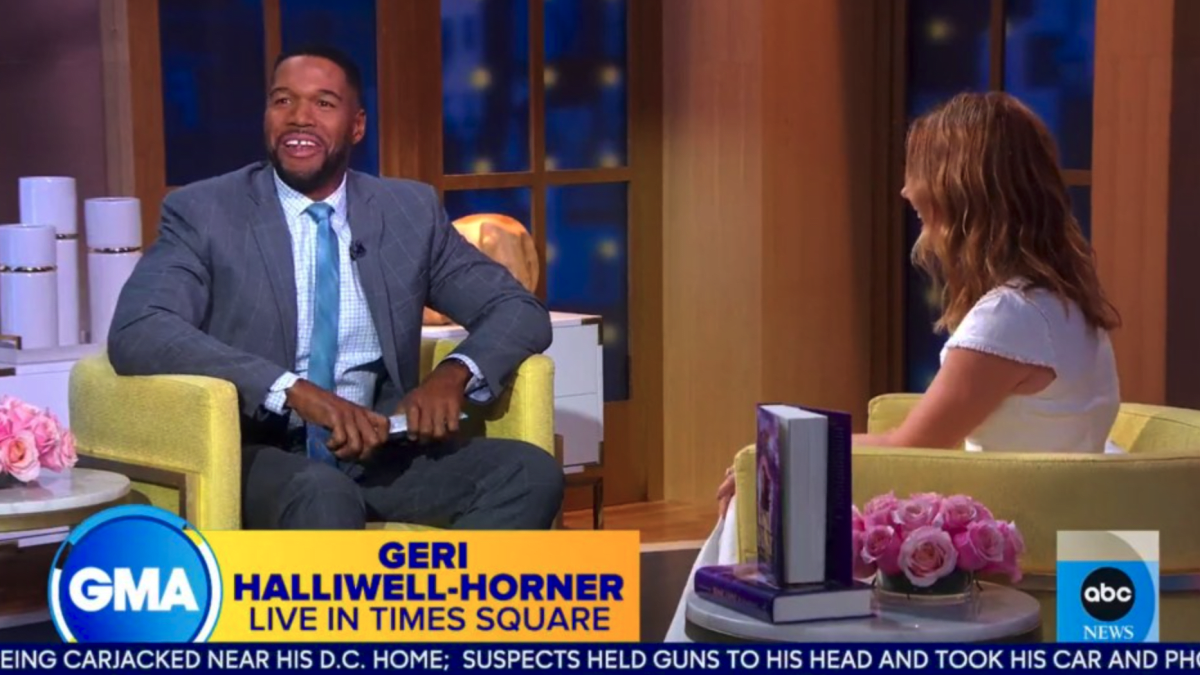 Michael Strahan interviewed Spice Girl Geri Halliwell-Horner about her book, Rosie Frost and the Falcon Queen on 'GMA' (ABC)