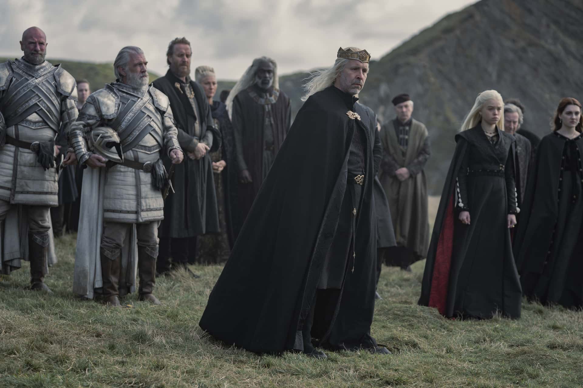 Paddy Considine (King Viserys), Milly Alcock (Princess Rhaenyra), Rhys Ifans (Ser Alicent Hightower) in 'House of the Dragon' (HBO)