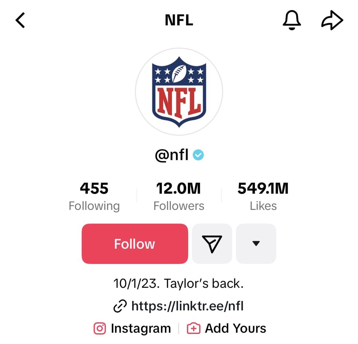 NFL's updated TikTok bio (NFL/TikTok)
