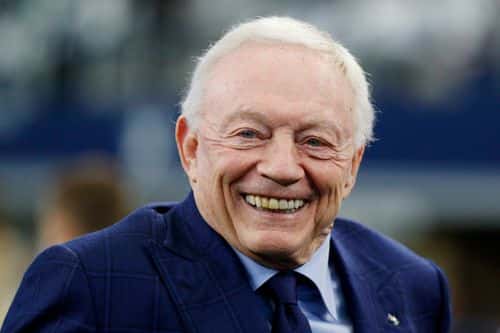 Dallas Cowboys owner Jerry Jones is seen on the field prior to a game between the San Francisco 49ers and Dallas Cowboys in the NFC Wild Card Playoff game at AT&T Stadium on January 16, 2022 in Arlington, Texas.