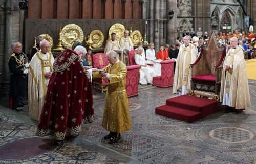 King Charles III with the Sword of State during his coronation ceremony on May 6, 2023 in London, England. The Coronation of Charles III and his wife, Camilla, as King and Queen of the United Kingdom of Great Britain and Northern Ireland, and the other Commonwealth realms takes place at Westminster Abbey today. Charles acceded to the throne on 8 September 2022, upon the death of his mother, Elizabeth II.