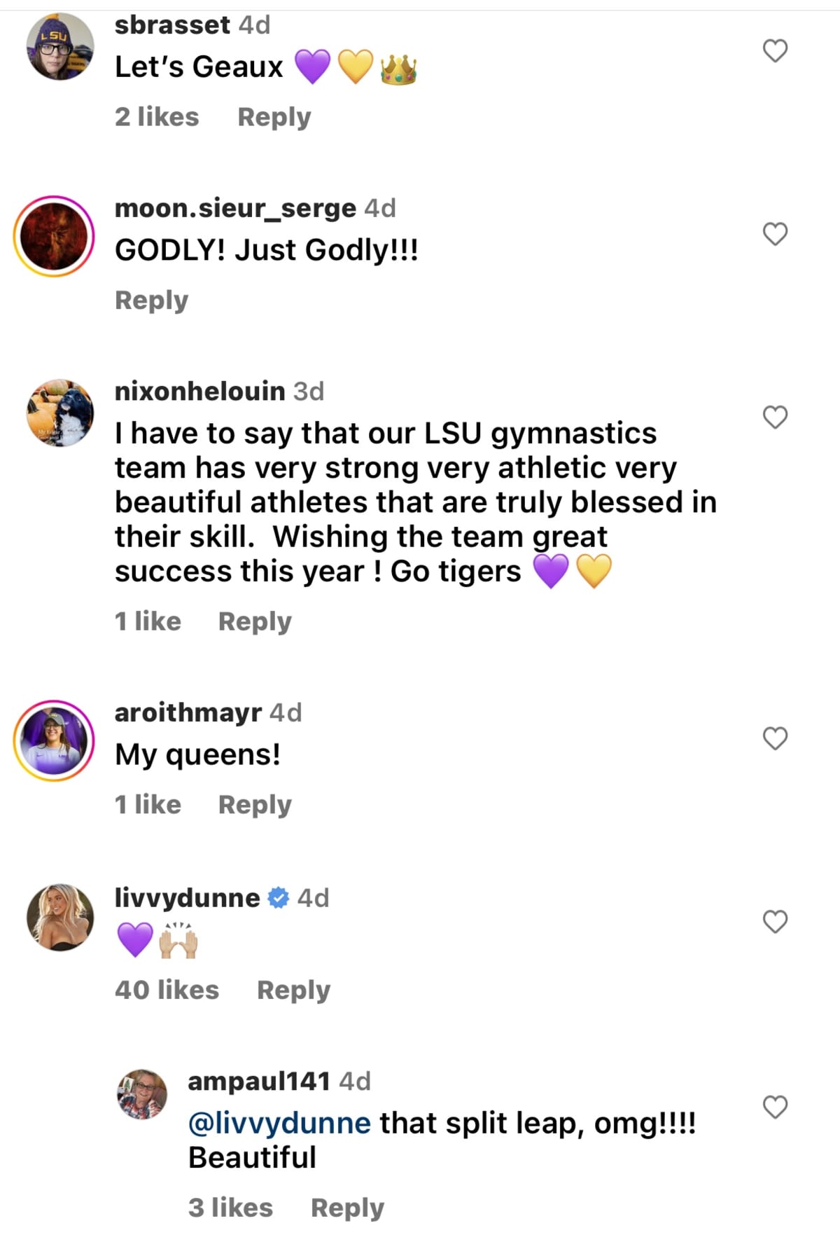 Comments on Livvy's picture(@LSUgymnast/Instagram)