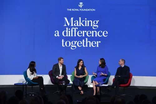 Prince Harry, Meghan Markle, Catherine, Duchess of Cambridge and Prince William, Duke of Cambridge attend the first annual Royal Foundation Forum held at Aviva on February 28, 2018 in London, England. Under the theme 'Making a Difference Together', the event will showcase the programmes run or initiated by The Royal Foundation. (Photo by Eddie Mulholland - WPA Pool/Getty Images)